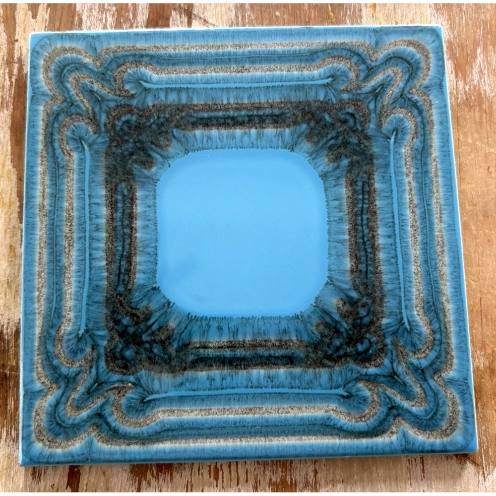 Vintage glazed ceramic art tile turquoise gray black Wessel Germany square